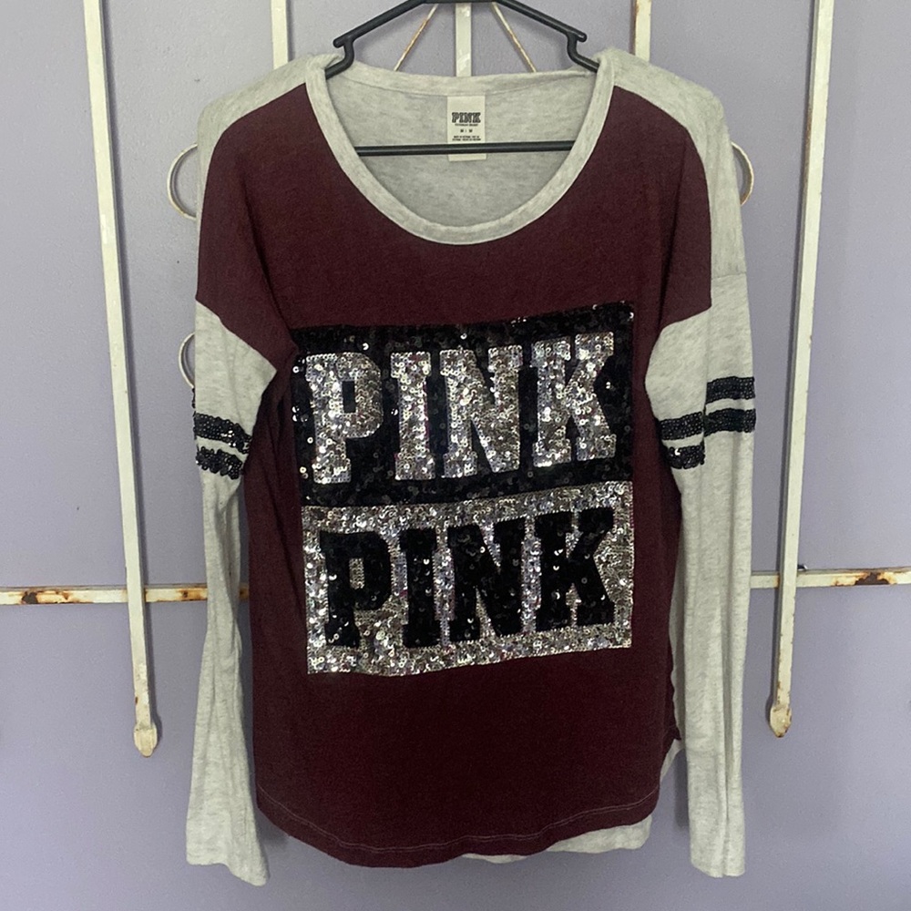 PINK Victoria Secrets Long Sleeve Shirt with Sequins, grey & purple size medium